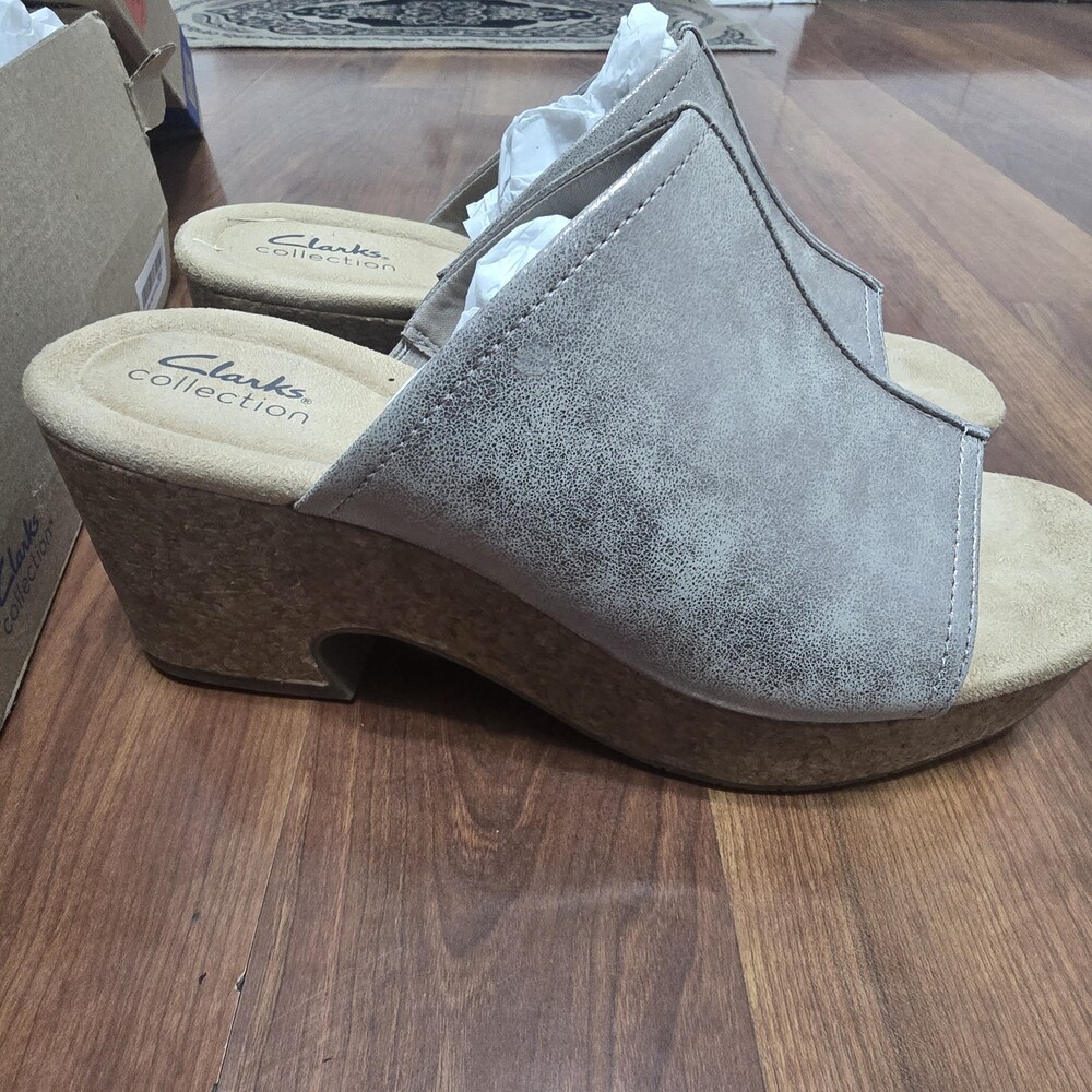 Clarks Womens Nerisa Vine Taupe Metallic Gold Mule Slipper With Cork Heel 9 Read - Picture 3 of 13